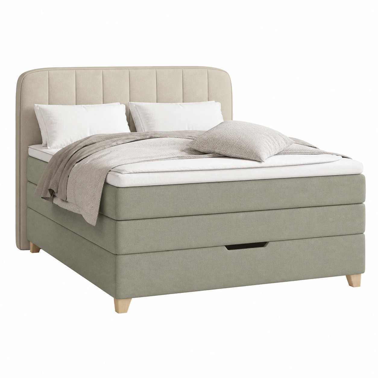 Modernes Boxspringbett 140x200 cm Stoffbezug mit Stauraum Hellgrau Gepolstertes Bett mit Kopfteil-casaelego