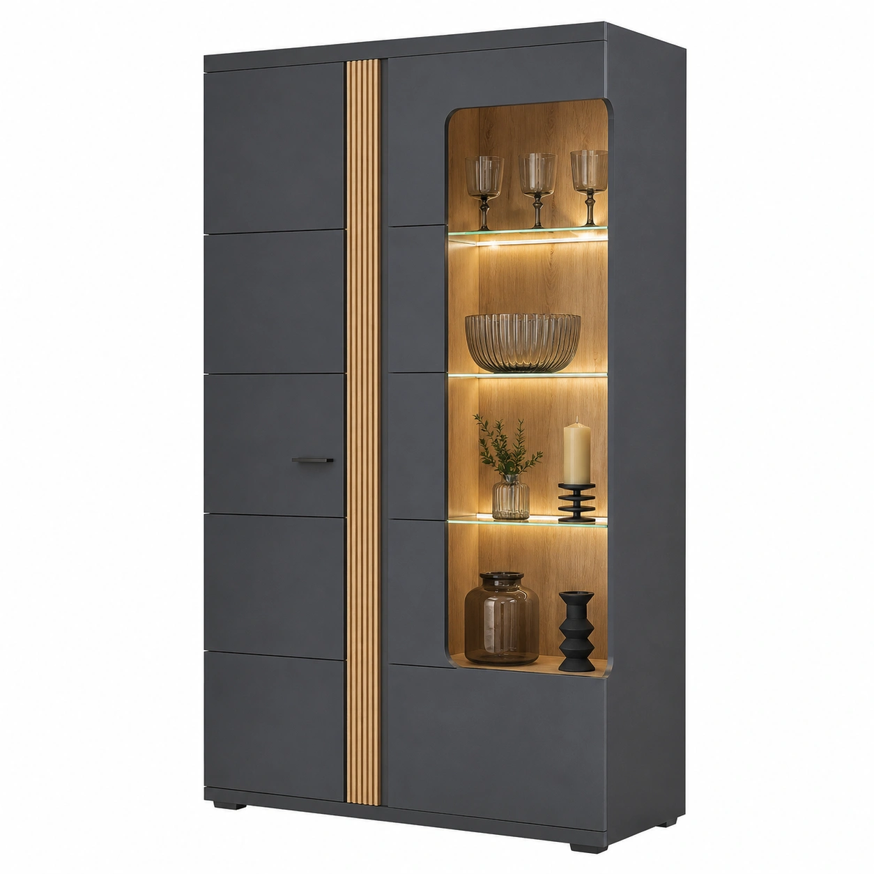 Moderne Vitrine Schrank mit LED Glasregal und Holz Akzent 90x203x38 cm Anthrazit-casaelego
