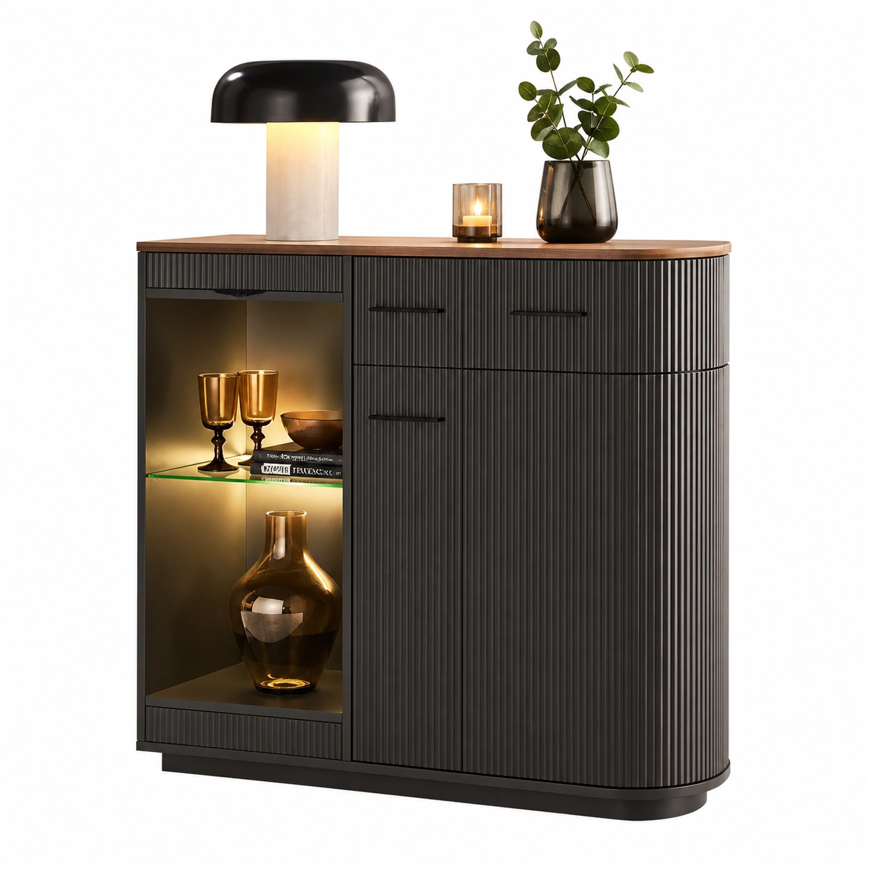 Moderne Sideboard Vitrine mit LED Beleuchtung und Glasfach 90x38x134 cm Schwarz Holzoptik-casaelego