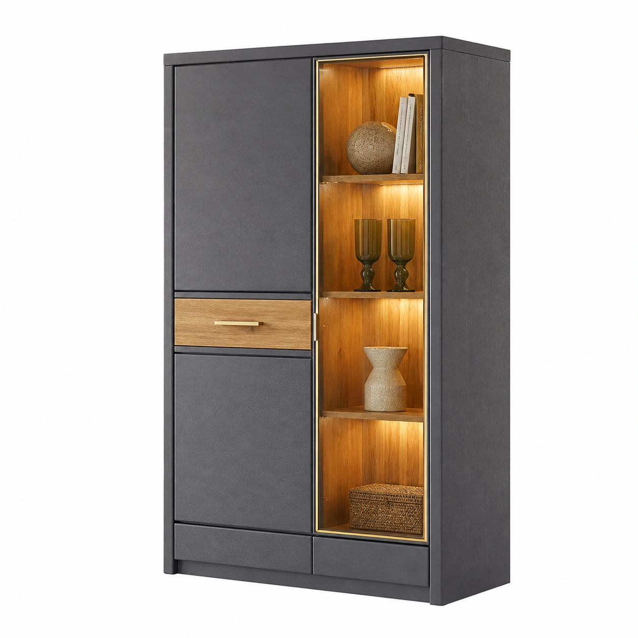 Moderne Vitrine Schrank Glas Holzoptik Beleuchtet Stauraum Wohnzimmerschrank 85x203x40 cm-casaelego