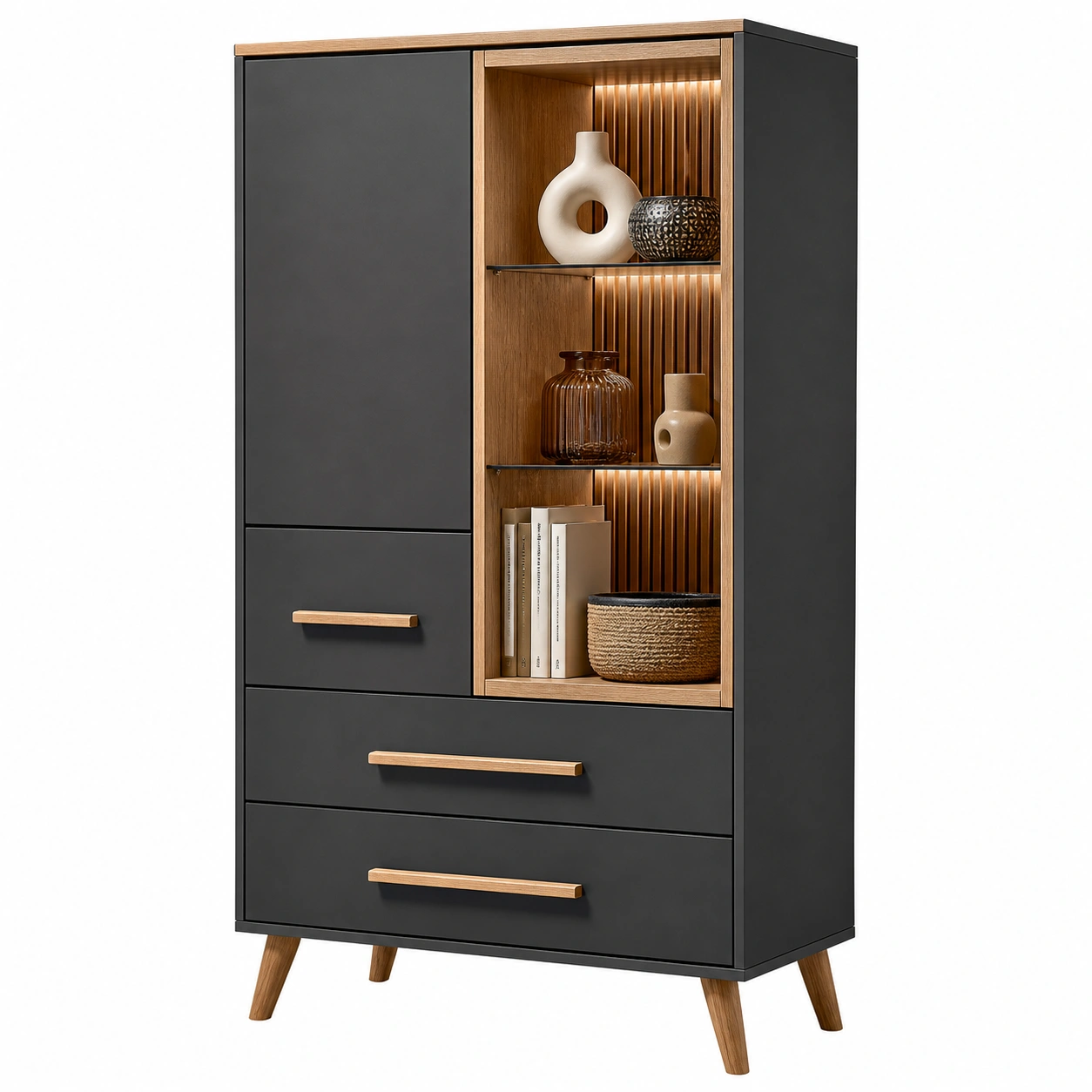 Vitrine Schrank Modern 85x204x38 cm Standvitrine mit LED Glasfach und Schubladen Schwarz Holzoptik-casaelego