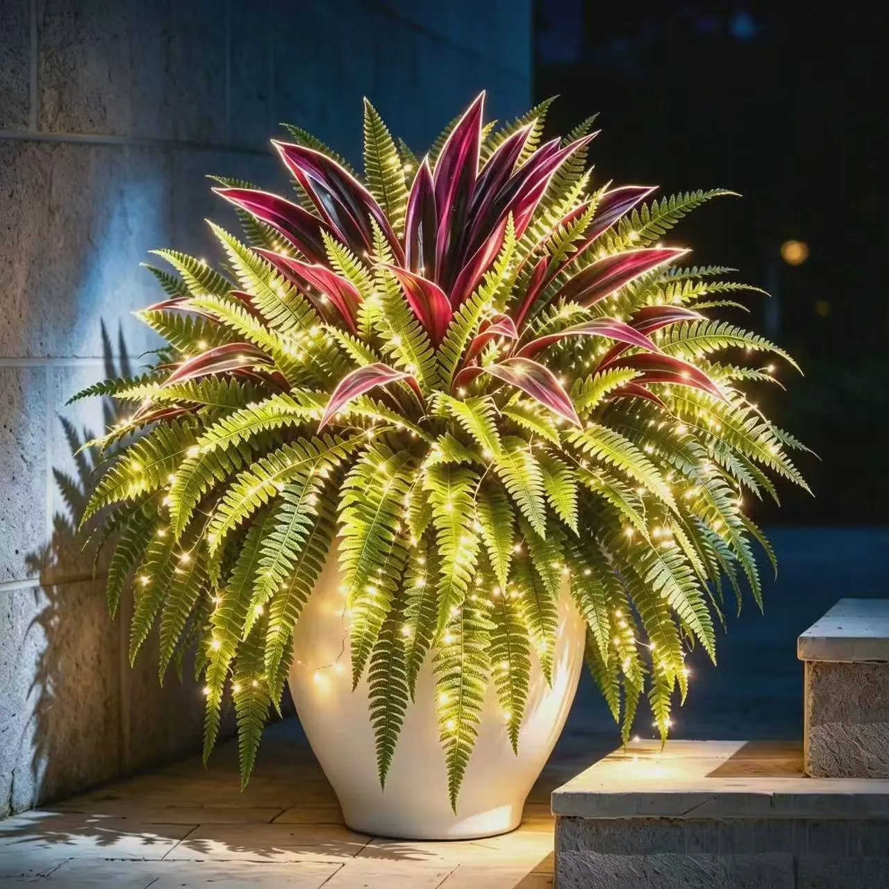 🔥LAST DAY SPECIAL 50%🌿Lighted UV-Resistant Artificial Fern and Red Dracaena Decorative Plant– 🌿 Zero Watering, Zero Maintenance