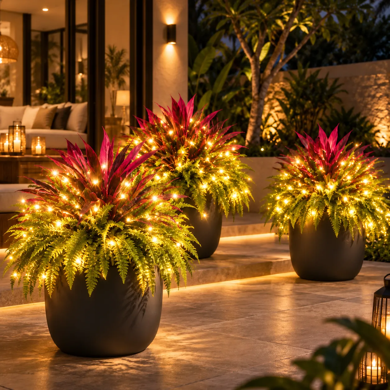 🔥LAST DAY SPECIAL 50%🌿Lighted UV-Resistant Artificial Fern and Red Dracaena Decorative Plant– 🌿 Zero Watering, Zero Maintenance