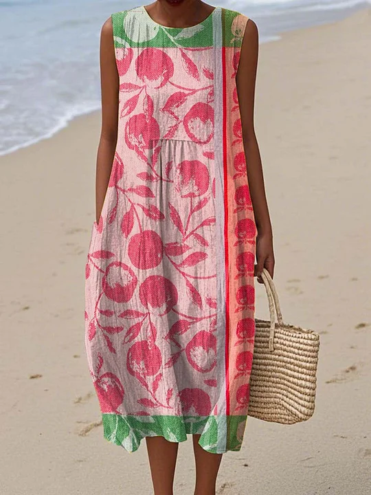 Damenkleid aus Baumwolle und Leinen mit abstraktem Print und Seitentaschen