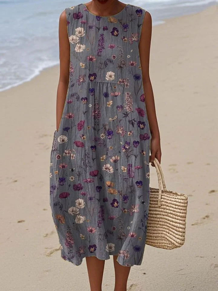 Damenkleid aus Baumwolle und Leinen mit abstraktem Print und Seitentaschen