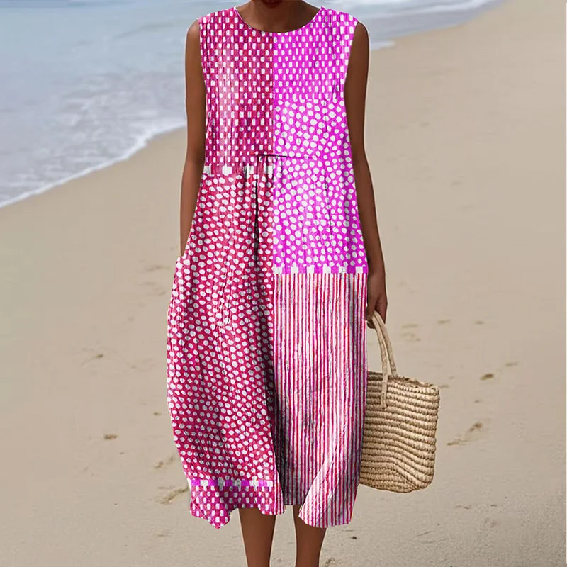 Damenkleid aus Baumwolle und Leinen mit abstraktem Print und Seitentaschen