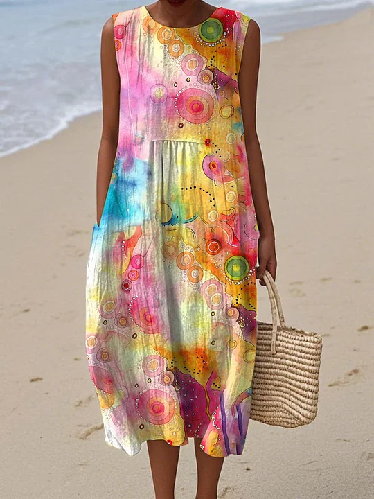Damenkleid aus Baumwolle und Leinen mit abstraktem Print und Seitentaschen