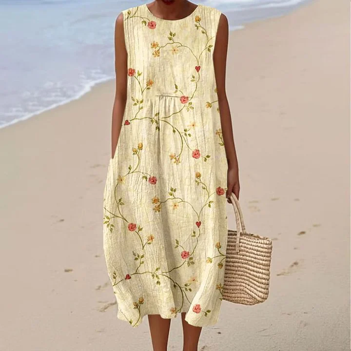 Damenkleid aus Baumwolle und Leinen mit abstraktem Print und Seitentaschen