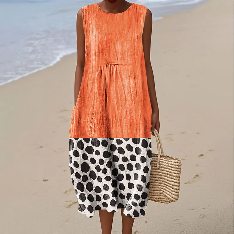 Damenkleid aus Baumwolle und Leinen mit abstraktem Print und Seitentaschen