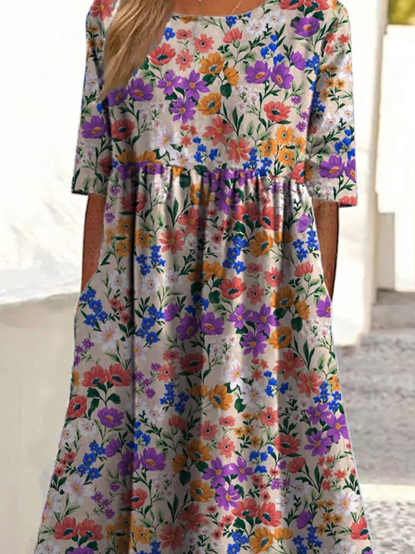 Lebhaftes kleines Sommerblumenmuster bedrucktes Damen-Kleid aus Baumwolle mit Taschen