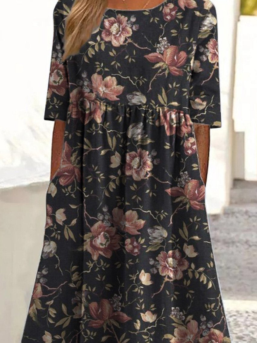 Vintage-Stil Tropisches Blumenmuster Gedrucktes Damen Baumwollkleid mit Taschen