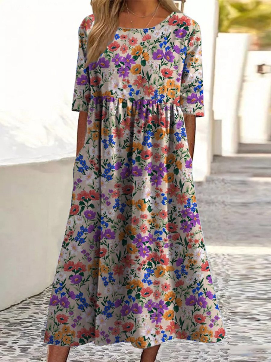 Lebhaftes kleines Sommerblumenmuster bedrucktes Damen-Kleid aus Baumwolle mit Taschen