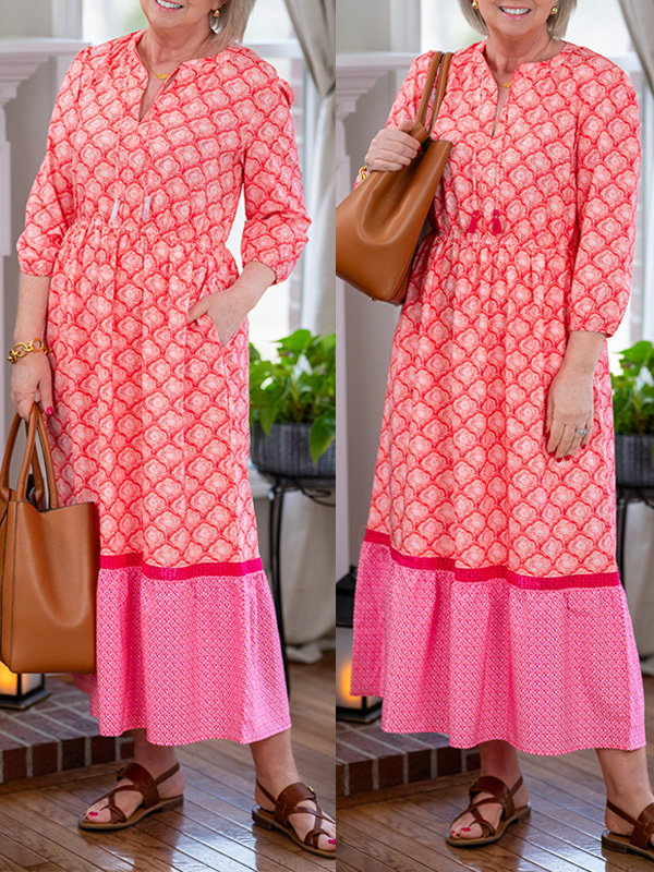 NEU🔥 Bedrucktes Kleid mit Kordelzug und Rundhalsausschnitt