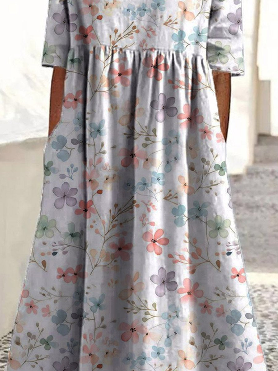 Damen Vintage Hübsches Floral Kunstdruck Taschen Baumwollkleid