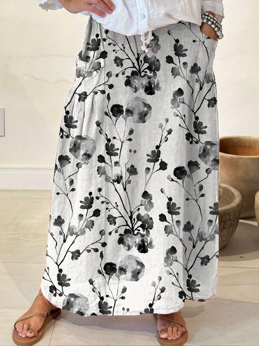 Damen Blumen Casual Druck Leinen Tasche Rock