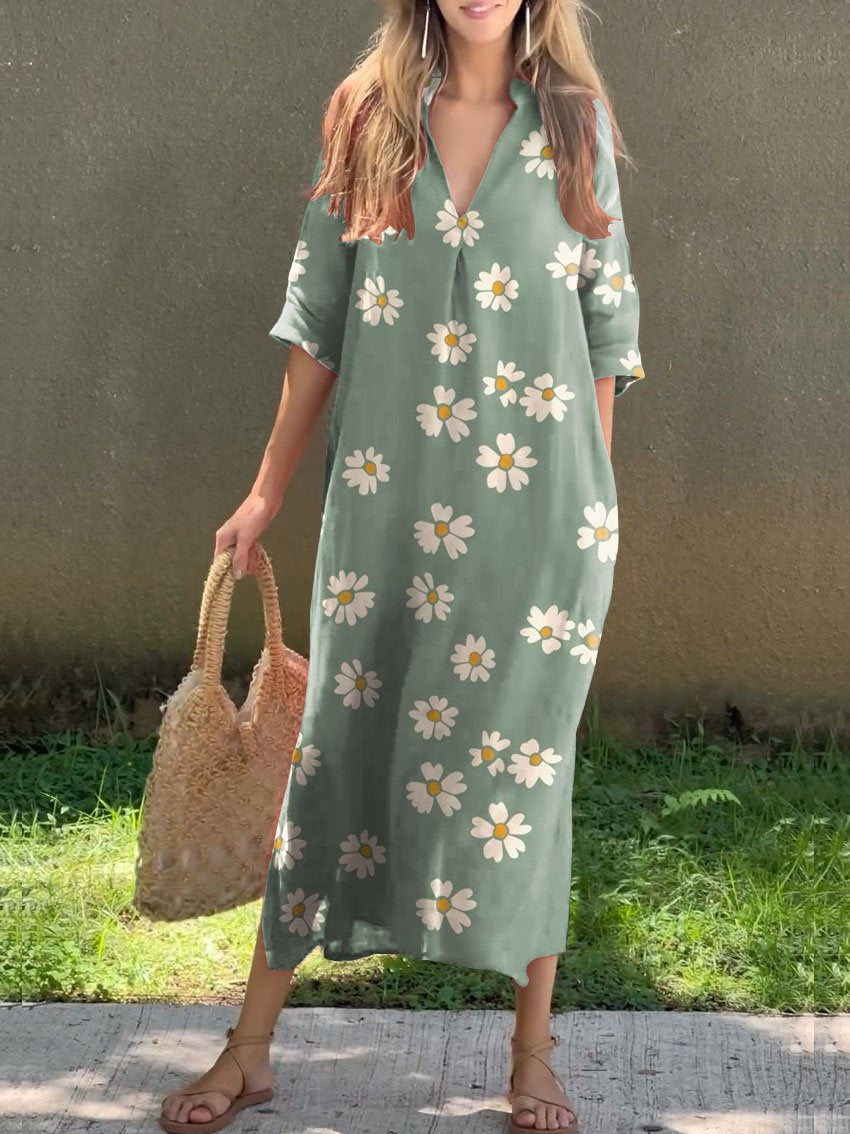 Damen Lieblich Süße Blumen Kunstdruck V-Ausschnitt Leinen Tasche Kleid