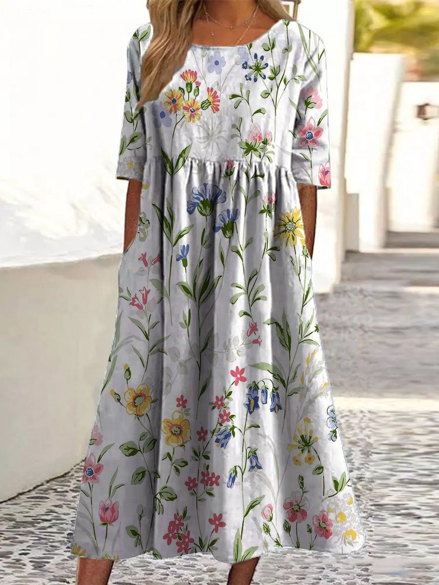 Damen Vintage Blumen Kunst Druck Taschen Baumwollkleid