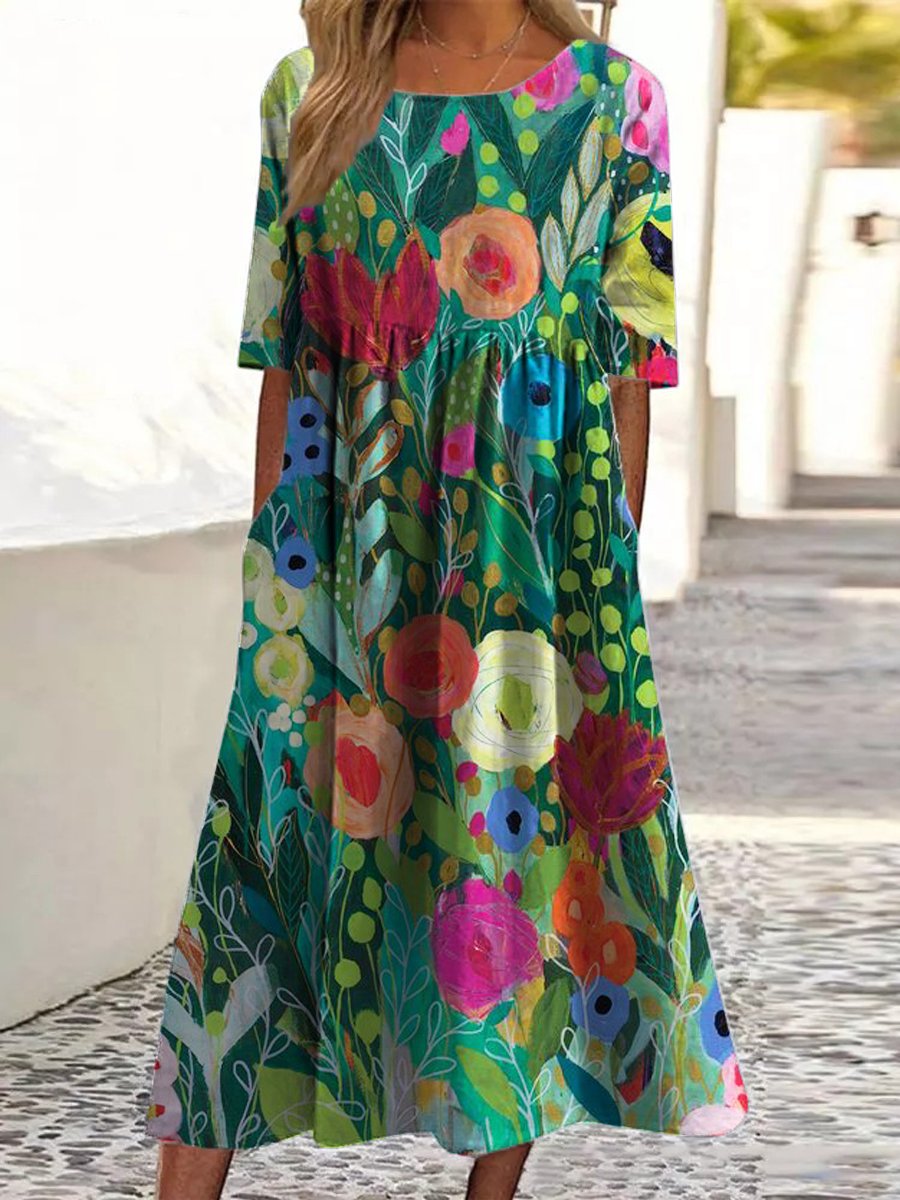 Damen Vintage Hübsches Floral Kunstdruck Taschen Baumwollkleid
