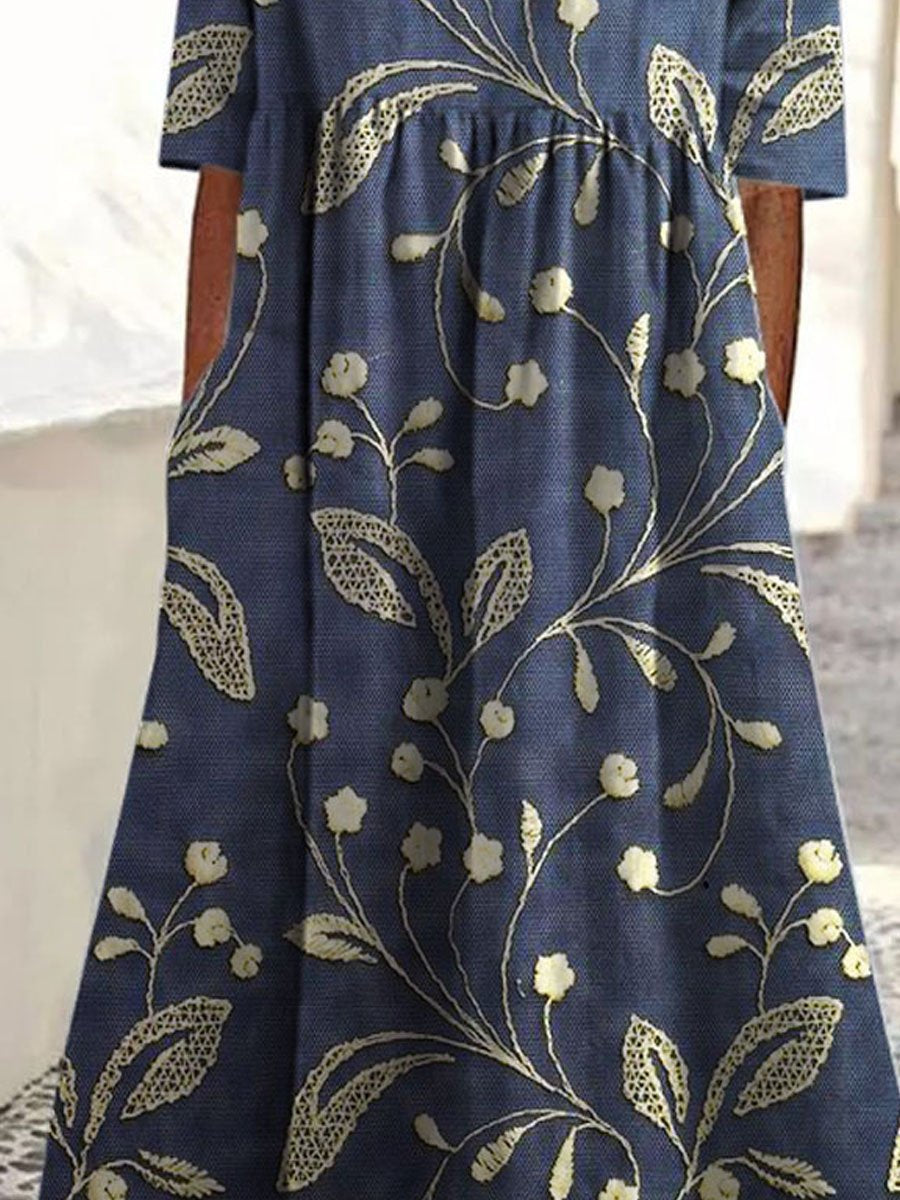 Damen Vintage Blumen Kunst Druck Taschen Baumwollkleid