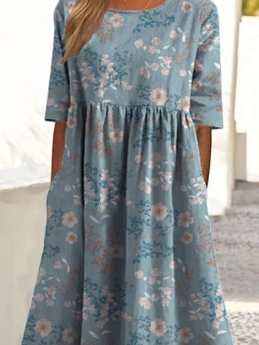 Vintage Petite Weißes Blumenmuster Gedrucktes Damen Baumwollkleid mit Taschen