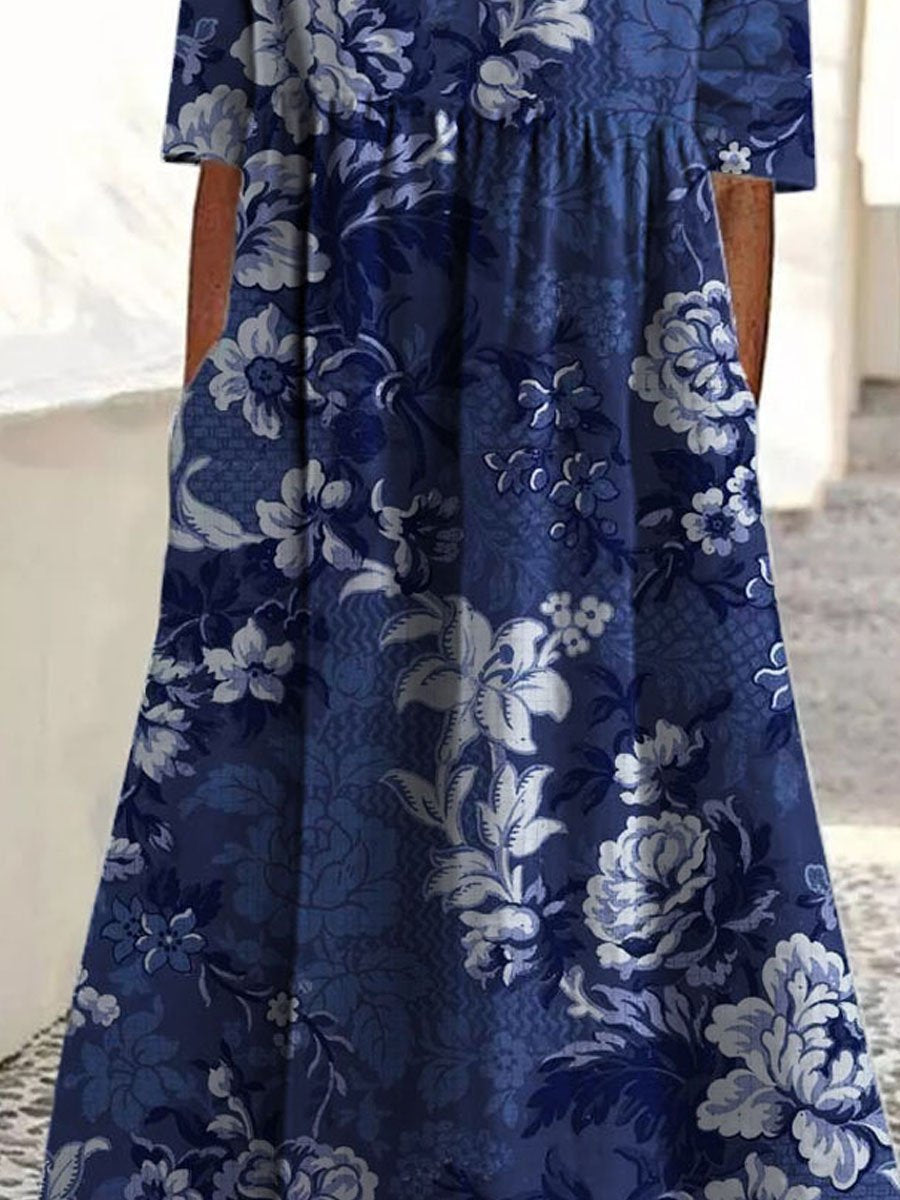 Damen Vintage Blumen Kunst Druck Taschen Baumwollkleid