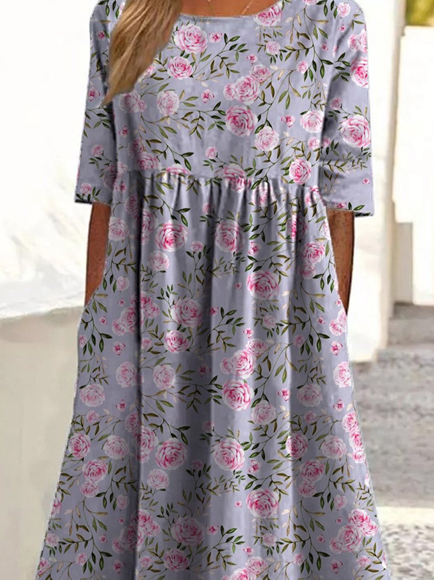 Elegantes pinkes französisches Rosenmuster bedrucktes Damen-Kleid aus Baumwolle mit Taschen