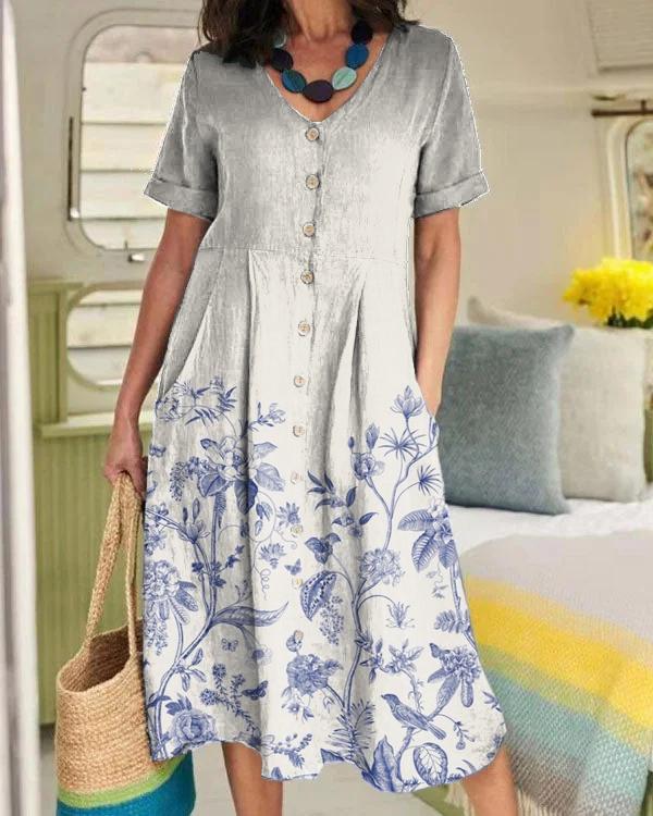 Damen Blau Floral Positioning Print Leinen Taschen Tunika Kleid