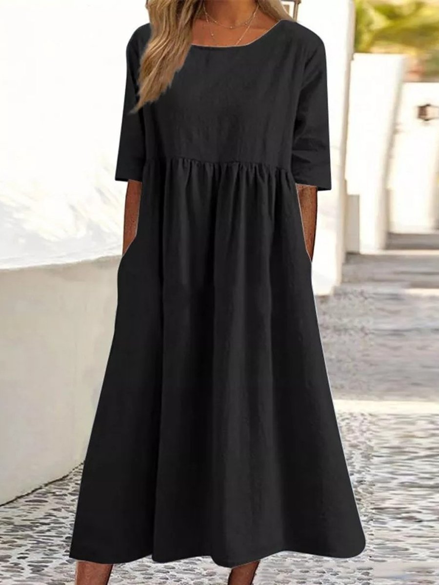 5-viertelarmiges lässiges lockeres einfarbiges Baumwoll- und Leinenkleid