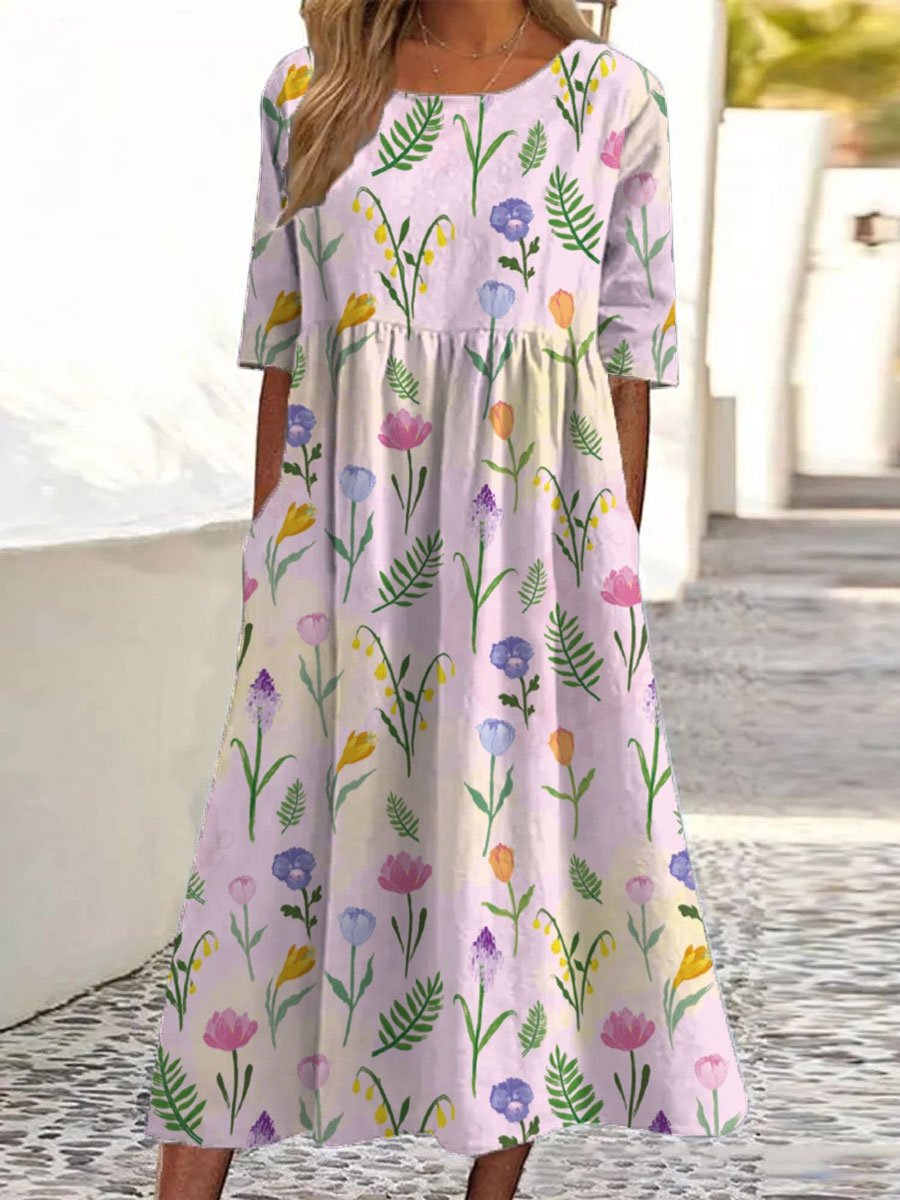 Damen-Baumwollkleid mit Blumenmuster und Taschen