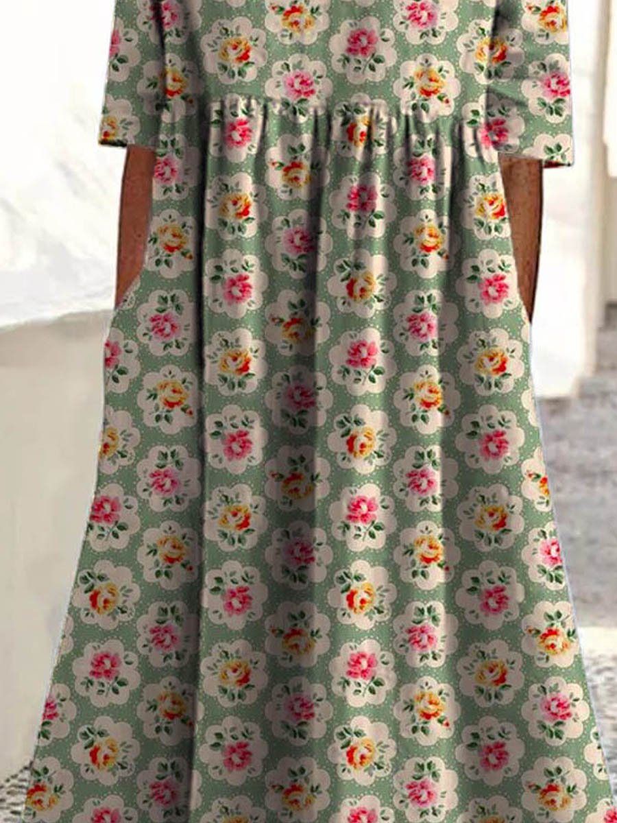 Damen Vintage Hübsches Floral Kunst Druck Tasche Baumwolle Kleid