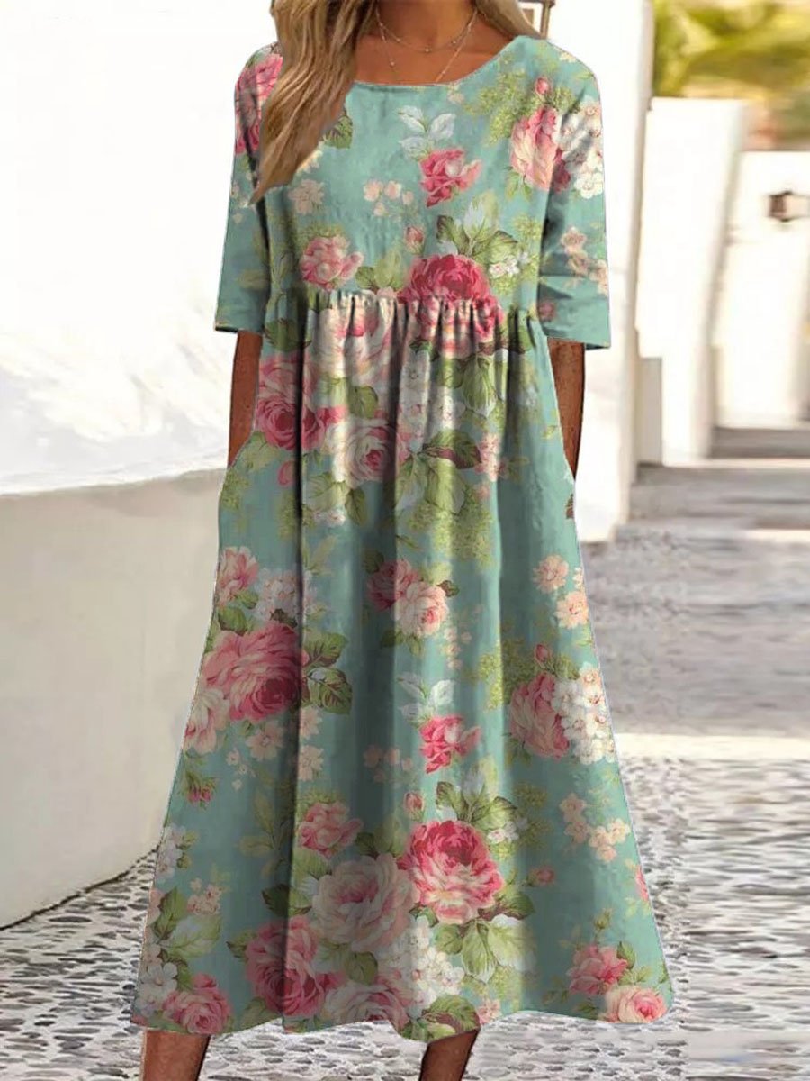 Damen Vintage Blumen Kunst Druck Taschen Baumwollkleid