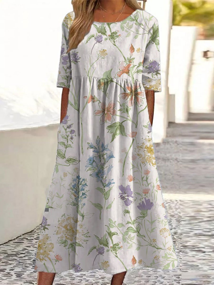 Damen-Baumwollkleid mit Blumenmuster und Taschen