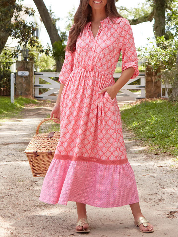 NEU🔥 Bedrucktes Kleid mit Kordelzug und Rundhalsausschnitt