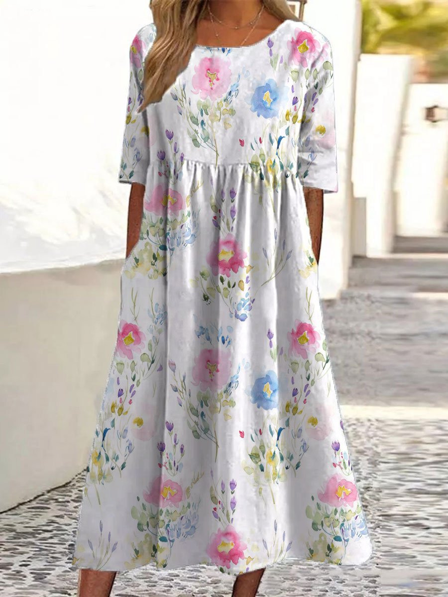 Damen-Baumwollkleid mit Blumenmuster und Taschen