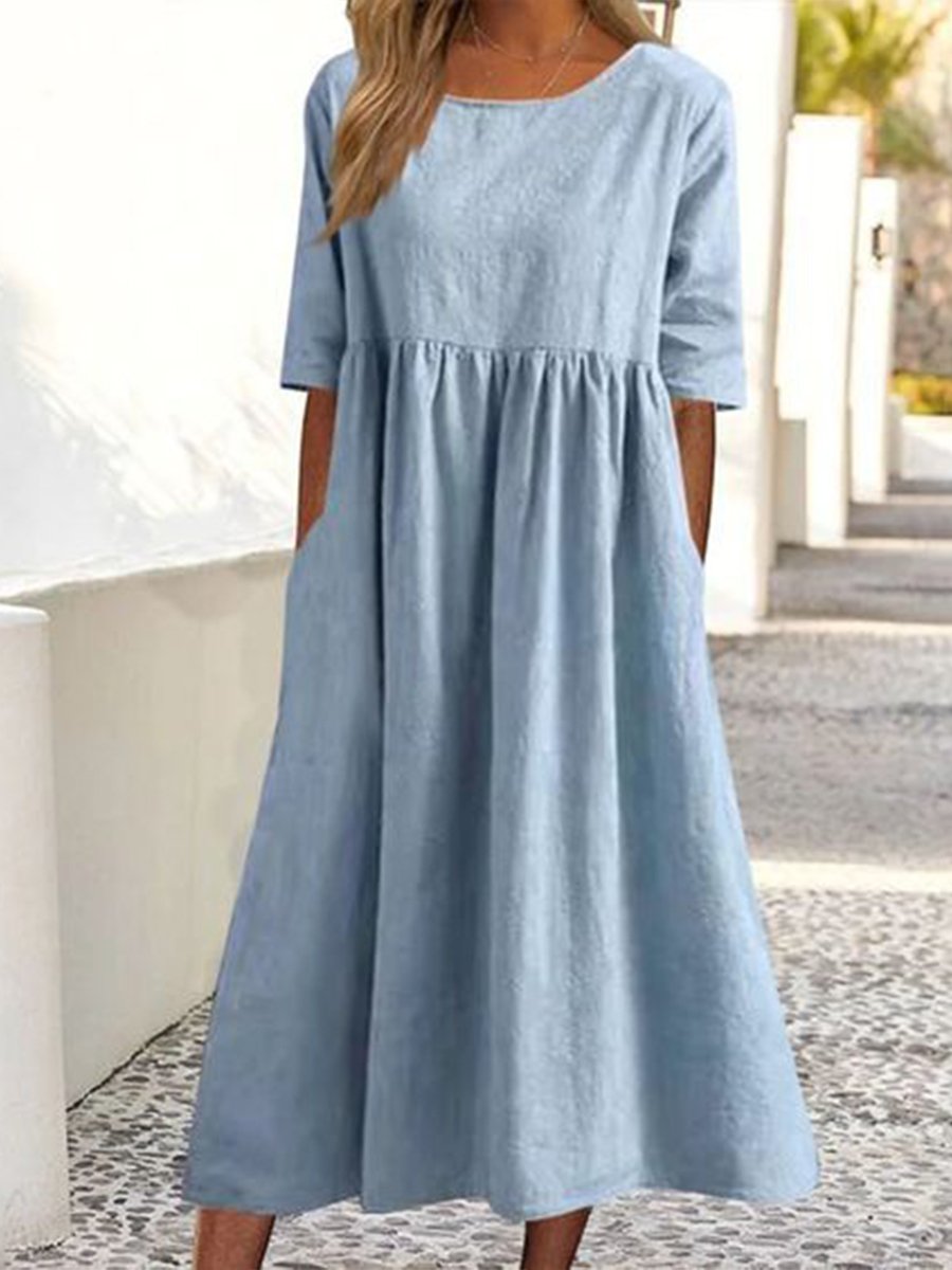 5-viertelarmiges lässiges lockeres einfarbiges Baumwoll- und Leinenkleid
