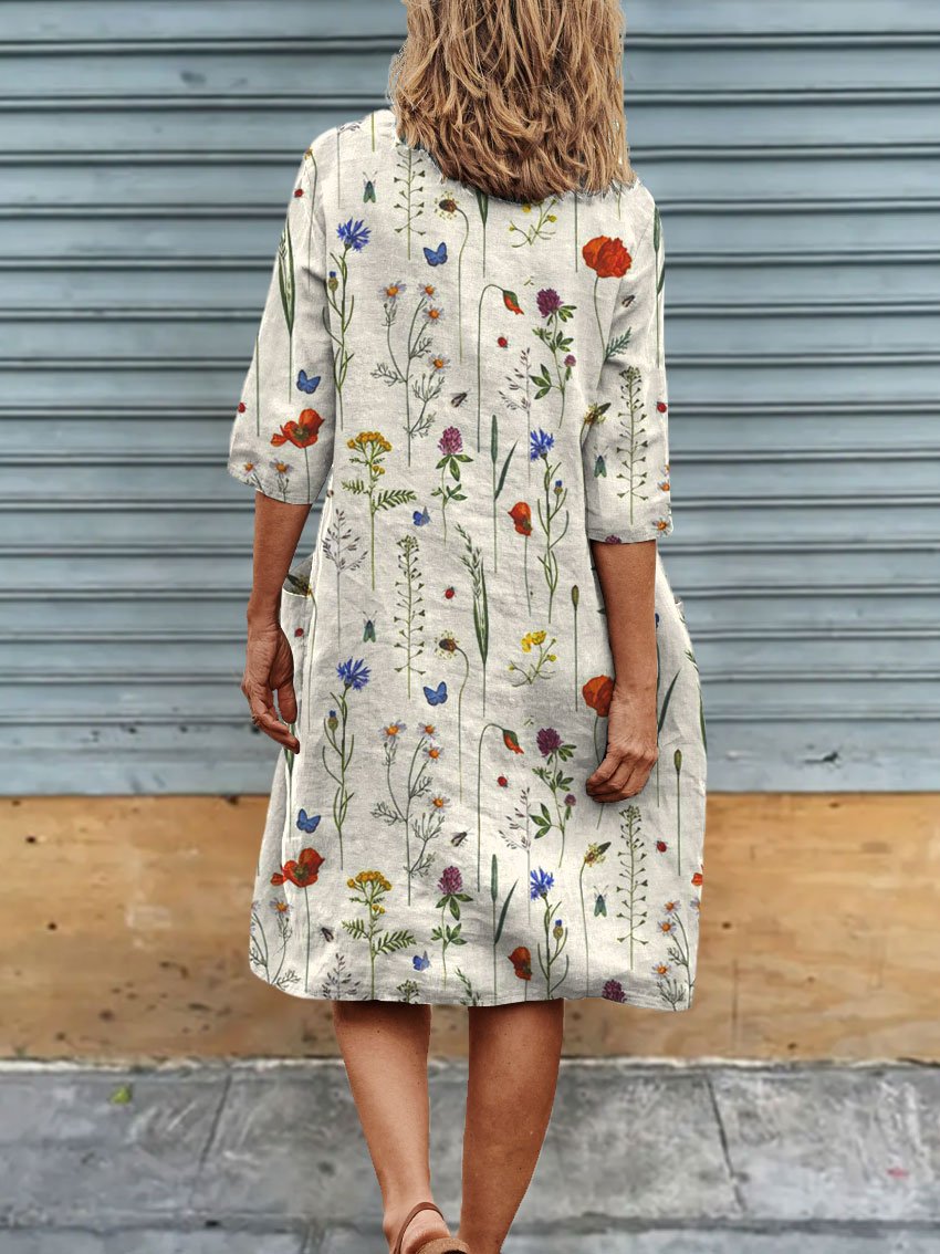 Damen-Tunikakleid aus Leinen mit Blumenmuster und Taschen