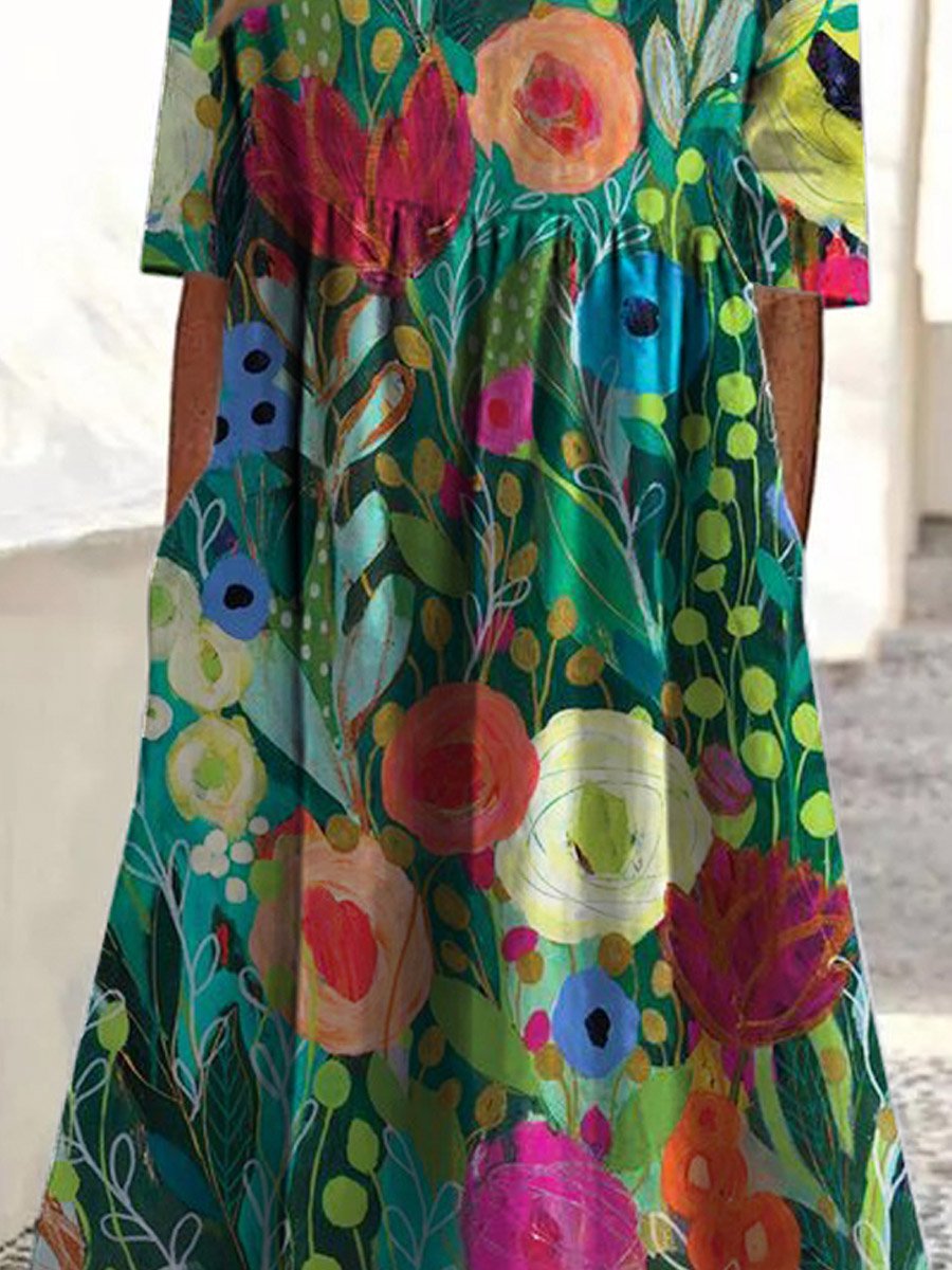 Damen Vintage Hübsches Floral Kunstdruck Taschen Baumwollkleid