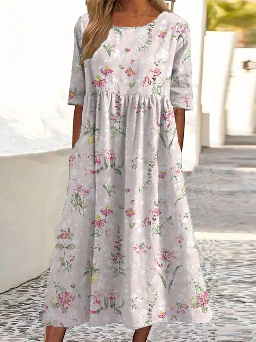 Damen-Baumwollkleid mit Blumenmuster und Taschen