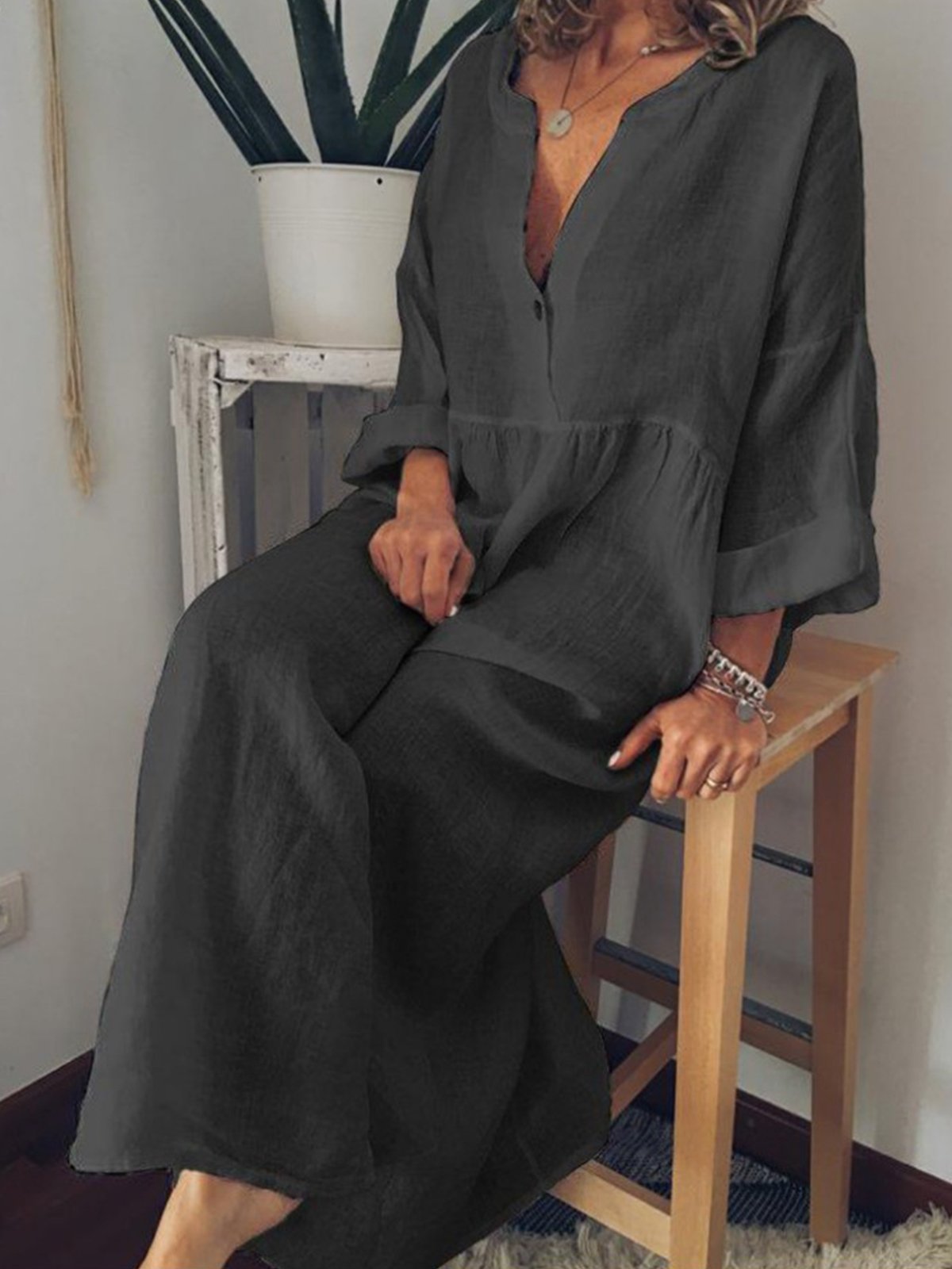 Lässiges langes Baumwollkleid für Damen in Unifarben
