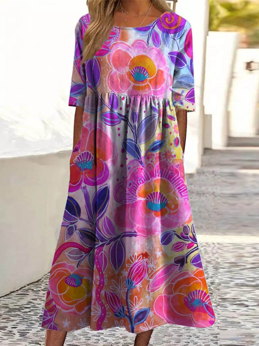 Damen Vintage Hübsches Floral Kunstdruck Taschen Baumwollkleid