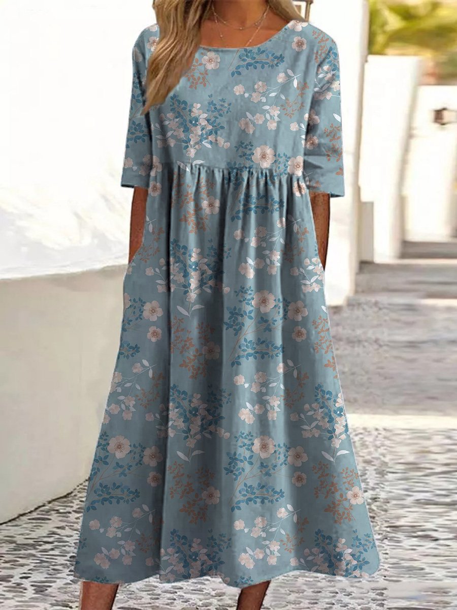 Vintage Petite Weißes Blumenmuster Gedrucktes Damen Baumwollkleid mit Taschen