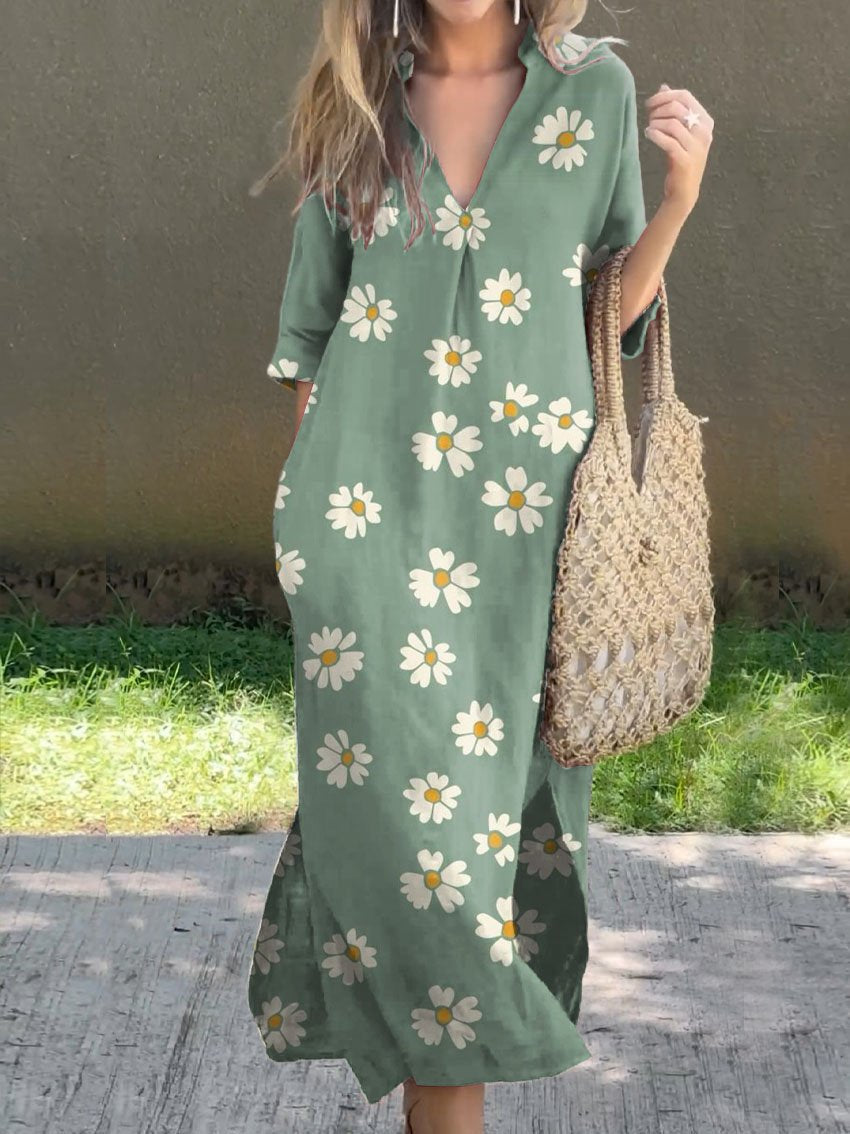 Damen Lieblich Süße Blumen Kunstdruck V-Ausschnitt Leinen Tasche Kleid