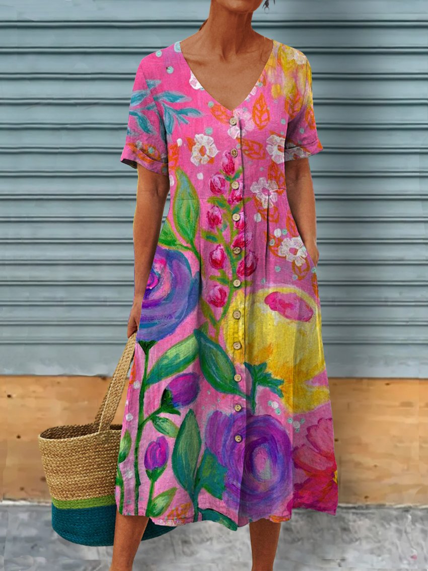 Helle Farben Blumenmuster Damen Leinen Taschen Tunika Kleid
