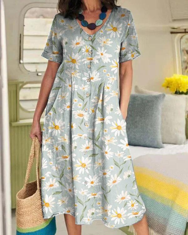 Damen Daisy Blumenmuster Leinen Taschen Tunika Kleid