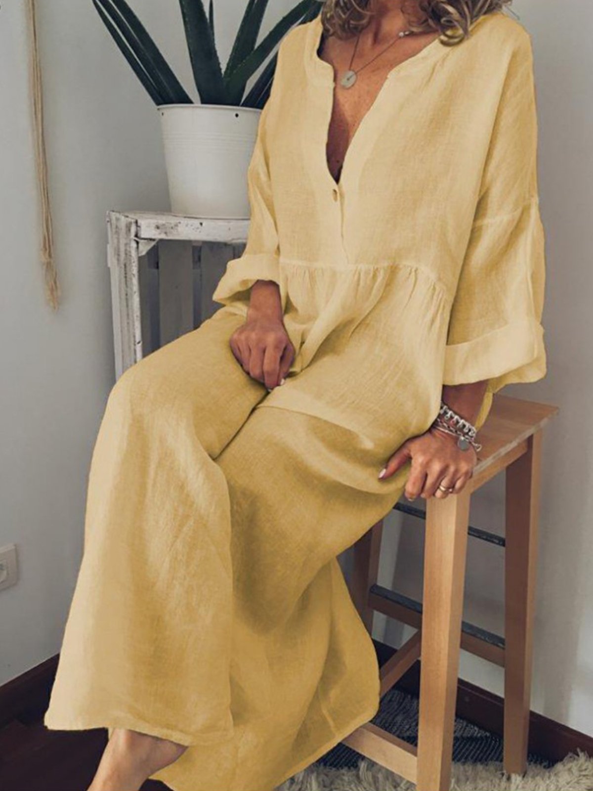 Lässiges langes Baumwollkleid für Damen in Unifarben