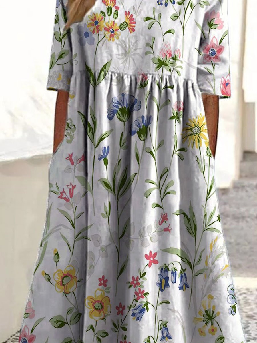 Damen Vintage Blumen Kunst Druck Taschen Baumwollkleid