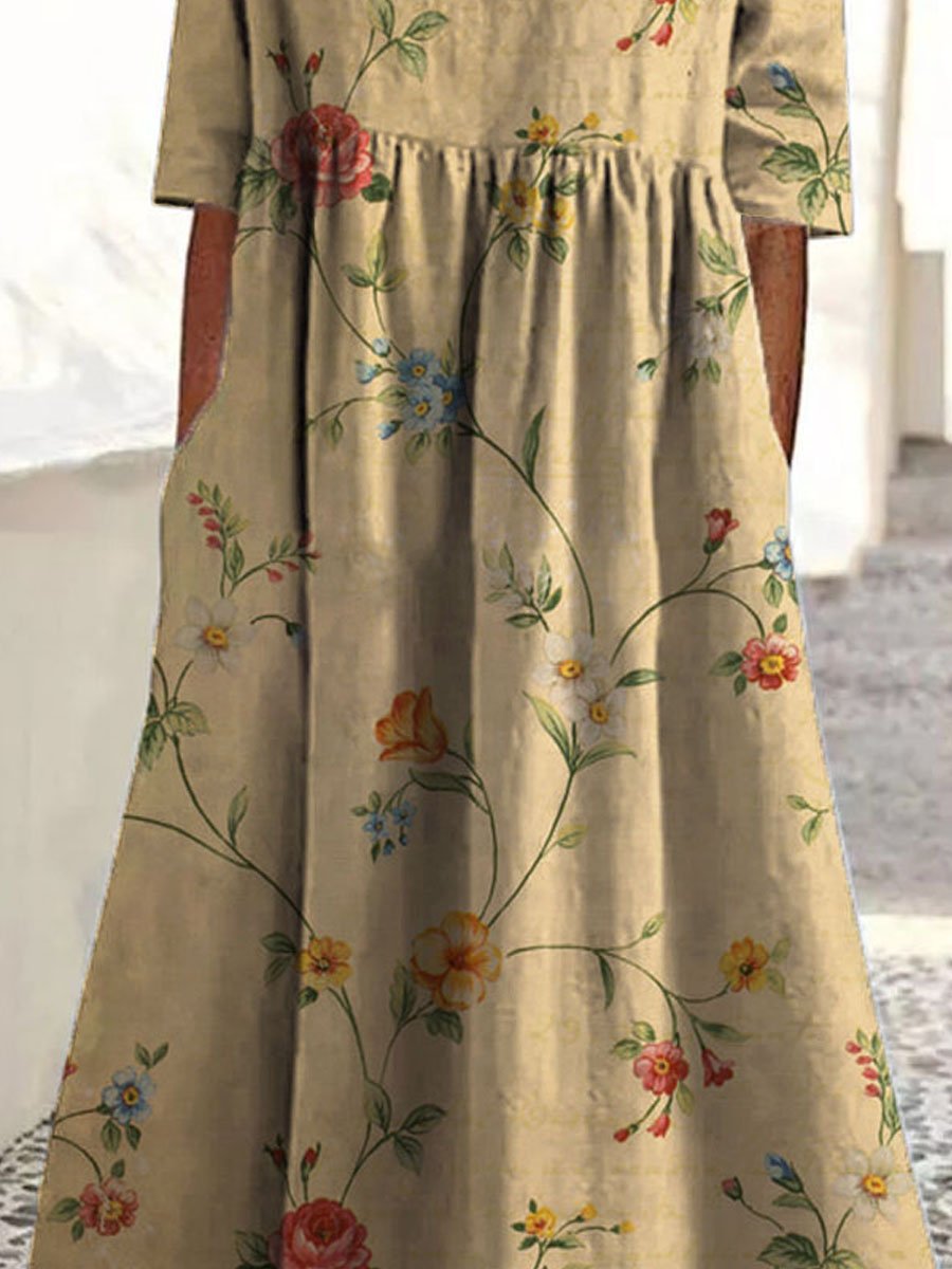 Damen Vintage Blumen Kunst Druck Taschen Baumwollkleid