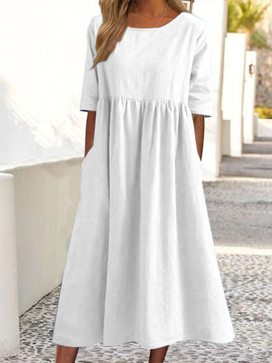 5-viertelarmiges lässiges lockeres einfarbiges Baumwoll- und Leinenkleid