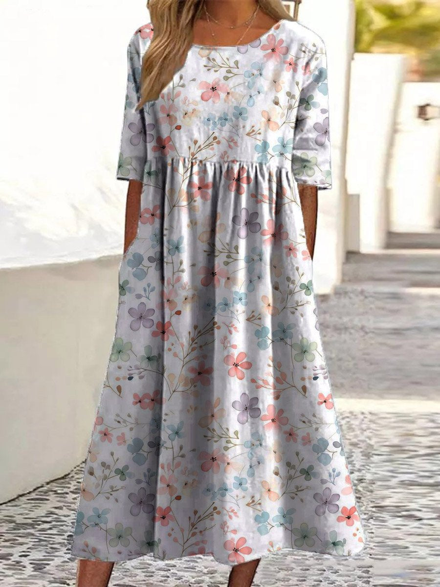 Damen Vintage Hübsches Floral Kunstdruck Taschen Baumwollkleid