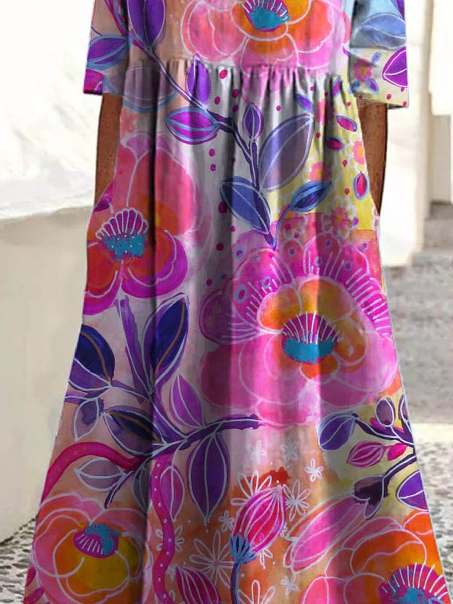Damen Vintage Hübsches Floral Kunstdruck Taschen Baumwollkleid